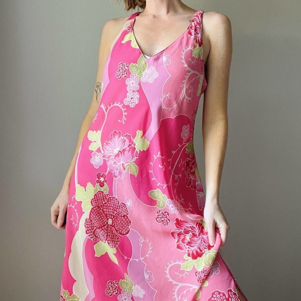 Vintage Natori Pink Floral Abstract Printed Midi Low Back Slip Dress